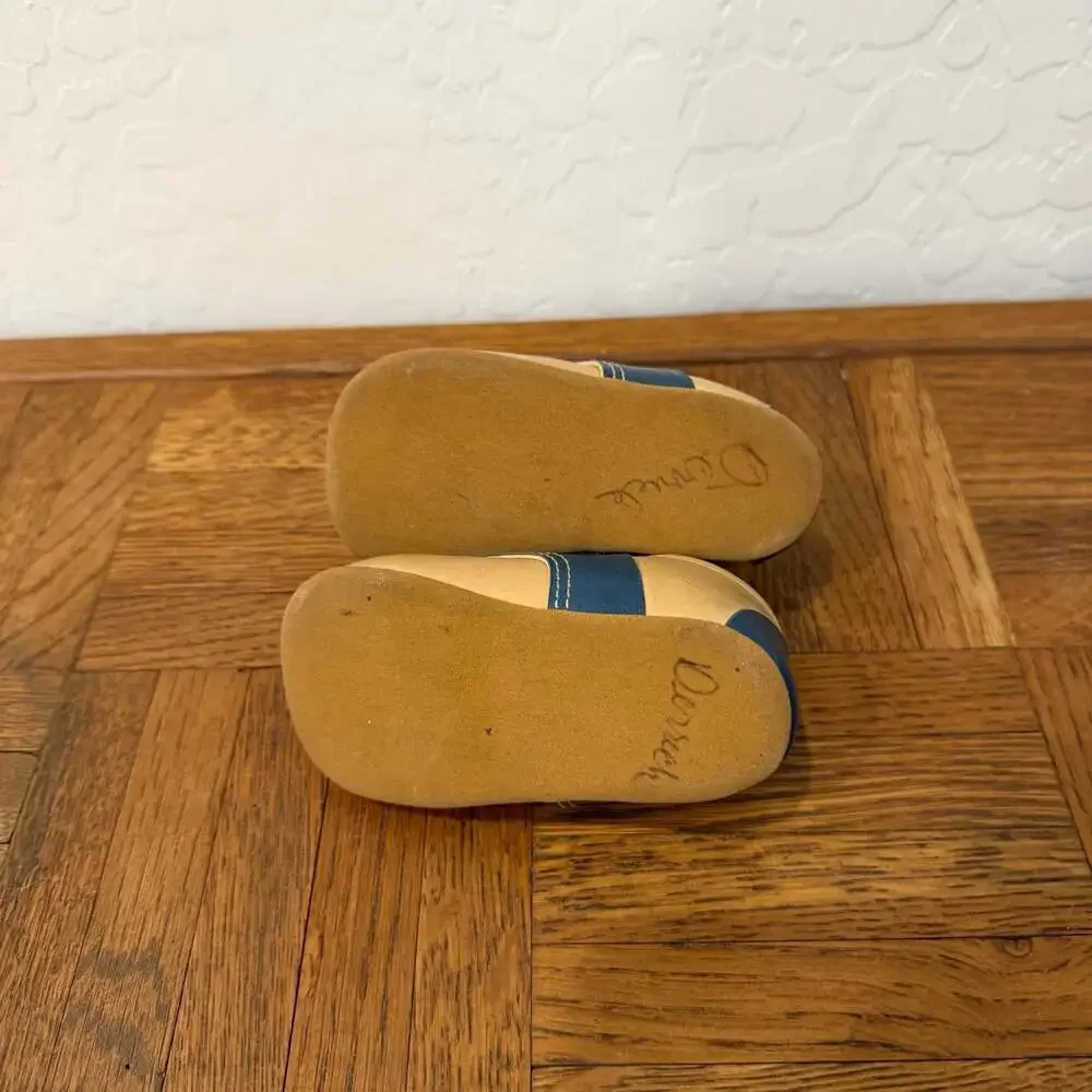 Vintage Two-Tone Leather Saddle Crib Baby Shoes Tan and Blue